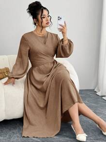 Modelyn Plus Size Simple Elegant Textured Lantern Sleeve Dress - Khaki - View 1