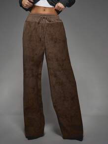 MISSGUIDED 设计师仿麂皮阔腿裤，抽绳松紧腰休闲家居服，秋冬下装，高级家居服系列 - 咖啡棕 - 查看 1