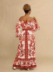 Travachic Plus Size Casual Resort Style Blue & White Floral & Print Off Shoulder Tie Up Ruffle Hem High Slit Dress For Women, Spring & Summer - Red - View 2