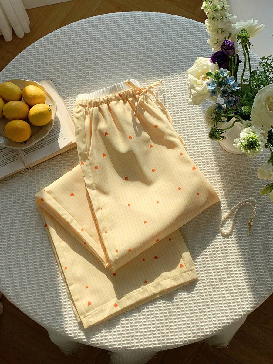 Comfortcana 女士心形条纹印花系带腰宽松休闲裤 - 黃色 - 查看 1