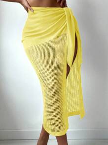 Swim Vcay Women's Openwork Knitted Cover Up & Skirt Set, Suitable For Summer Vacation - Yellow - View 3
