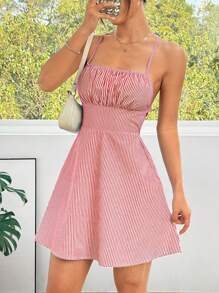 SHEIN EZwear Summer Casual Holiday Striped Backless A-Line Spaghetti Strap Mini Dress - Red - View 5