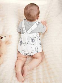 SHEIN Summer Newborn Male Baby Gray Pit Stripe Round Neck Short Sleeved Top Paired With Cute Cartoon Elephant Embroidery Pattern Shoulder Strap Jumpsuit Two Pieces Set - Multicolor - View 2