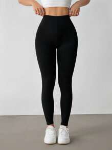 SHEIN PETITE 女士纯色高腰弹力休闲运动裤 - 黑色 - 查看 3