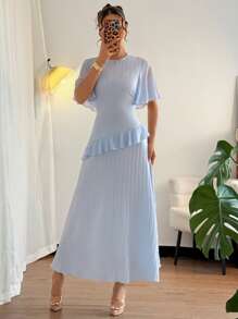 Elenzga New Women Textured Woven Fabric Round Neck Chiffon Patchwork Ruffle Sleeve Waist Cinching Casual Dress, Flattering Elegant Date Dress - Blue - View 5