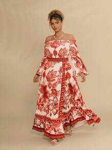 Travachic Plus Size Casual Resort Style Blue & White Floral & Print Off Shoulder Tie Up Ruffle Hem High Slit Dress For Women, Spring & Summer - Red - View 5