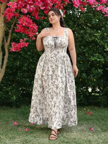 SHEIN MOD Plus Size Women's Romantic Black And White Floral Print Long Dress, Birthday Dress For Women, Casual Summer Dress, Flowing Women's Dress, Festive Style, Beach Dress Sundress, Bohemian Resort Wear,Milkmaid Dress - Multicolor - View 2