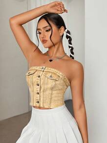 SHEIN ICON Front Open Denim Cropped Tank Top, Fashionable For Summer - Khaki - View 4