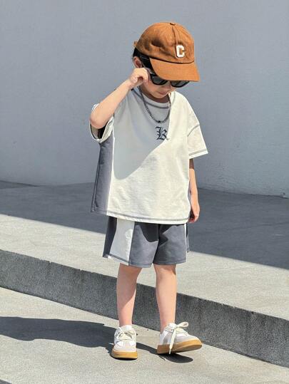 SHEIN 2pcs/Set Young Boys Casual Color Block Contrast Stitch Design Crew Neck Short Sleeve Shorts Set, Commute, School, Daily Casual Wear, Suitable For Spring/Summer