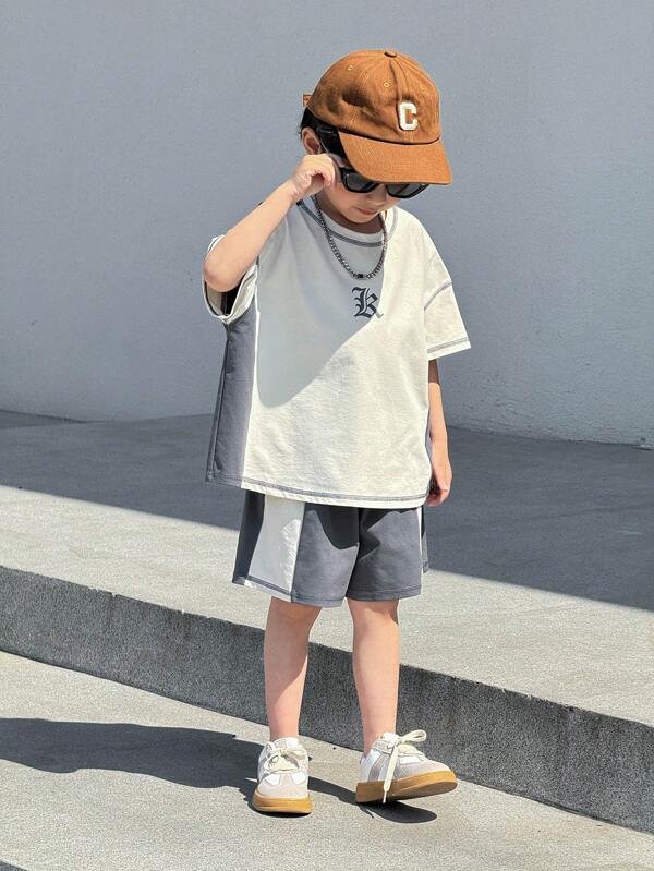 2pcs/Set Young Boys Casual Color Block Contrast Stitch Design Crew Neck Short Sleeve Shorts Set, Commute, School, Daily Casual Wear, Suitable For Spring/Summer