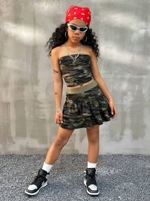 Coolane Kids Tween 女童春夏 2 件套 Y2K 迷彩印花短款抹胸和超迷你裙 - 軍綠色 - 查看 2