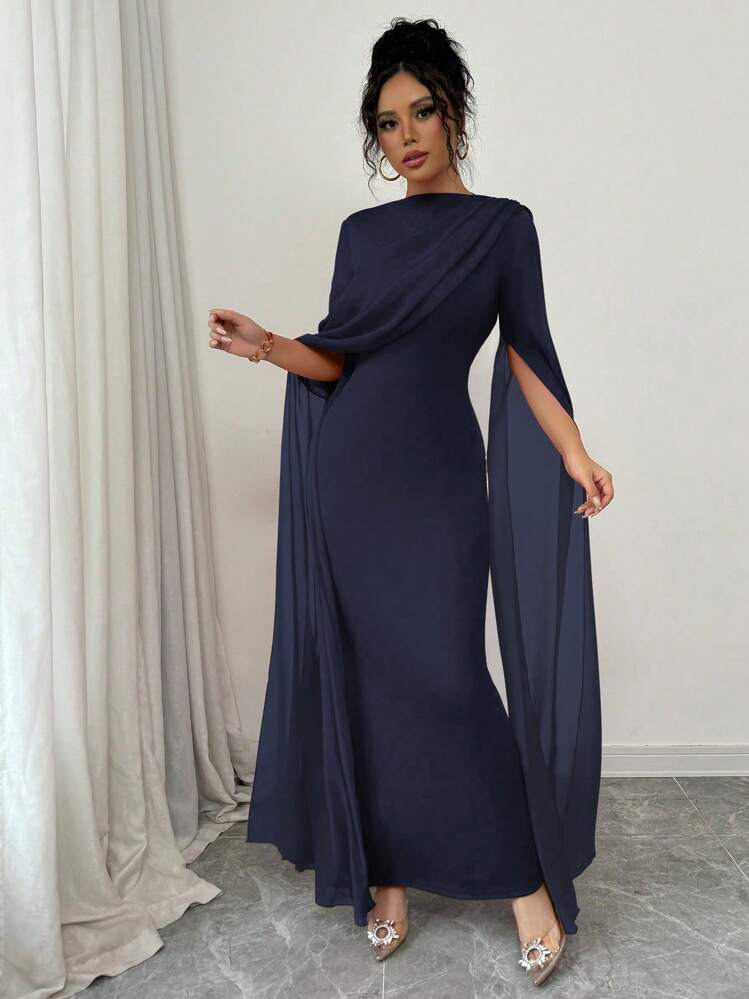 Rafferiza Petite Elegant Fashion Gathered Waist Bodycon Oblique Shoulder Ruffle Sheer Flowing Sleeve Slit Knit Stretch Dress, Cocktail Party Gown In Red For Autumn/Winter Fall Cloth For Women - Navy Blue - View 5