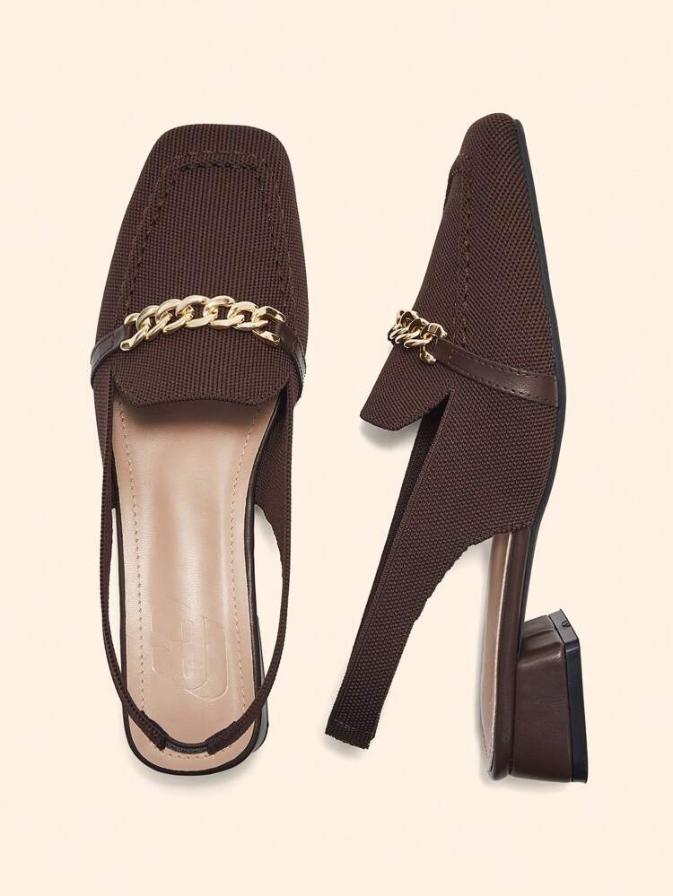 CUCCOO BASICS Women's Coffee Brown Fabric Chain Back Strap Low Heel Square Toe Flats, Suitable For Commuting, Dating, Party, Holiday For Christmas Spring Shoes