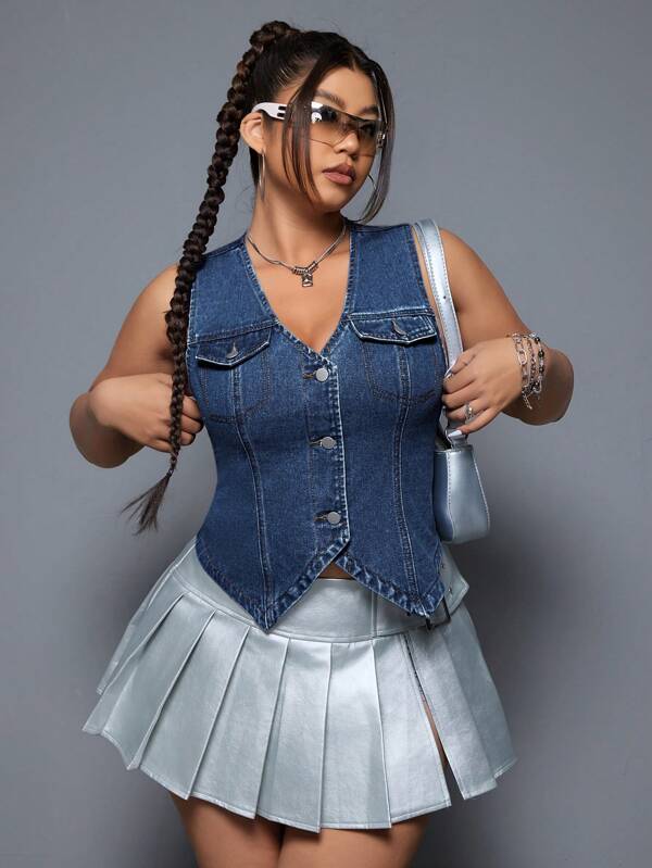 SHEIN ICON Plus Size Women V-Neck Single-Breasted Casual Denim Vest