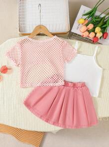 SHEIN 3pcs Girls Casual Fashion School Style Set: Fuchsia Mesh Round Neck Short Sleeve Top, White Camisole, And Fuchsia Pleated Shorts - Pink - View 2