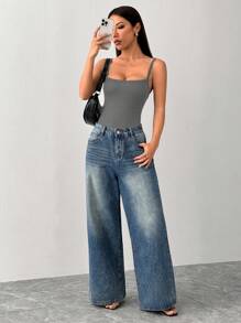 SHEIN PETITE Women's Ribbed Ribbed High Elastic Tight Suspender Bodysuit - Dark Grey - View 6