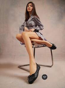 SHUZIA 女式宽版深黑色绗缝 PU 和建筑鞋头芭蕾平底鞋 - 法式几何针脚，适合早午餐到晚会 - 黑色 - 查看 3