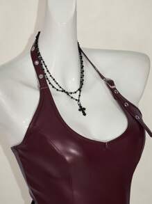 SHEIN ICON Women's Solid Color Minimalist Sleeveless Spaghetti Strap Backless PU Leather Y2K Holiday Party New Year Crop Top, Casual Everyday Wear, Wine Red,Rave Top