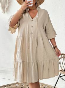 SHEIN CURVE+ Plus Size Women's Cotton Pleated Collar Satin Tie V-Neck Multi-Layer Pleated Edge Patchwork Dress, Breathable And Soft, Curve Plus, Boho Vacation Beach Outfits For Woman/Beach Dress/Beach Vacation Outfits/Beach Essentials / Graduation/Tea Party Dress