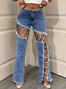 BamGleam 女士蓝色牛仔喇叭牛仔裤，新款时尚独特设计镂空修身休闲裤夏季 - 藍色 - 查看 7