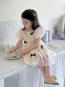 SHEIN Baby Mädchen elegantes Seiden-Organza Schleife Tüll Kleid Prinzessin Kleid, Frühling/Sommer Prinzessin Kleid für Baby Mädchen, Baby Mädchen Kleider, Baby Mädchen Schönheitskleid, Baby Mädchen Kleider für Schmetterlinge Kleid Mädchen Kleider für Mädchen - Aprikosenfarben - Übersicht 7