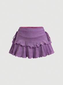 SHEIN MOD Falda mini morada con purpurina, de cintura baja, con cordones laterales y múltiples volantes