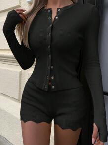 SHEIN EZwear 2pcs/Set Women Summer Solid Front Button Fitted Long Sleeve Top And Shorts - Black - View 3