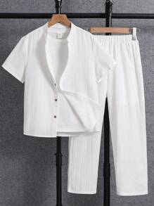 SHEIN Bộ 2 quần áo sơ mi trắng và quần dài vải họa tiết sóng đa năng cho bé trai tuổi mới lớn, thích hợp mặc đi làm, đi học, mặc thường ngày, hoạt động thể thao, mùa xuân/hè - trắng - Xem 3