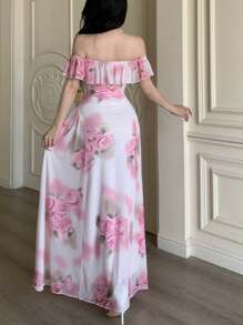 Modelyn Women's Off-Shoulder Mesh Printed Ruffled Hem Flare Dress, Summer - White - View 2