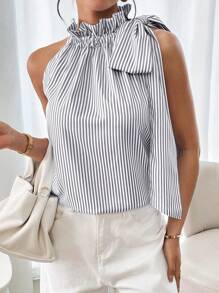 SHEIN Clasi Women's Spring/Summer Striped Ruffle Collar Bowknot Sleeveless Blouse - Light Grey - View 6