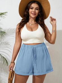 SHEIN VCAY 大码女式纯色腰带褶饰休闲短裤