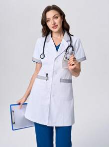 Scrubzie Color Block Collar, Cuff, Pocket Trim Short Sleeve Long Women's Lab Coat/Smock - White - View 1