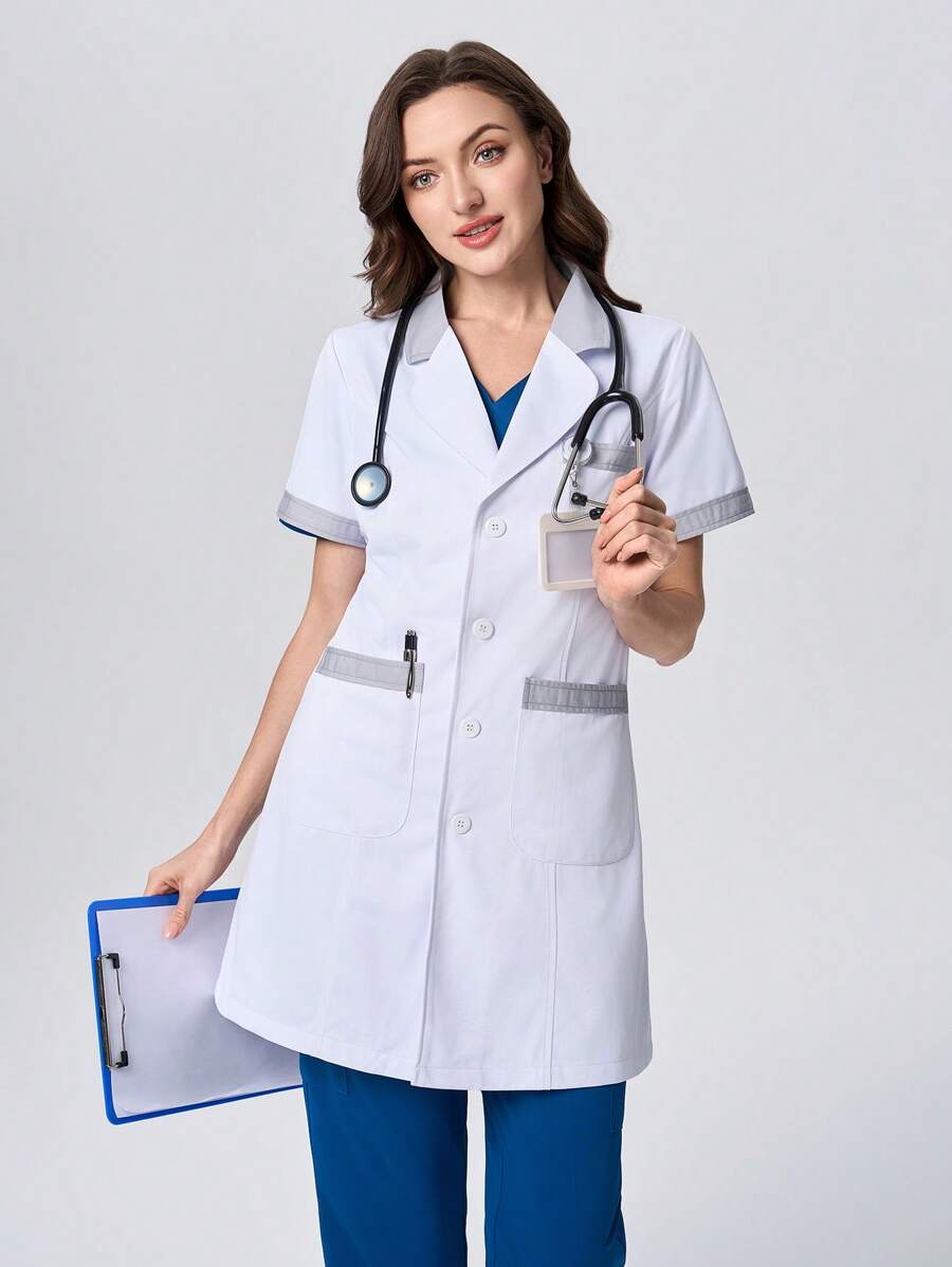 Scrubzie Color Block Collar, Cuff, Pocket Trim Short Sleeve Long Women's Lab Coat/Smock - White - View 1