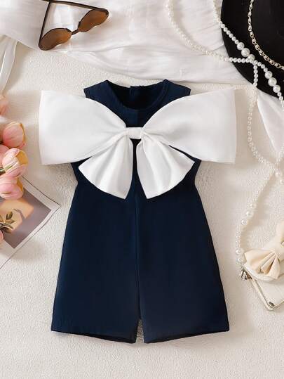 婴幼儿黑色圆领蝴蝶结无袖连体衣，舒适时尚，适合居家和户外，春夏季