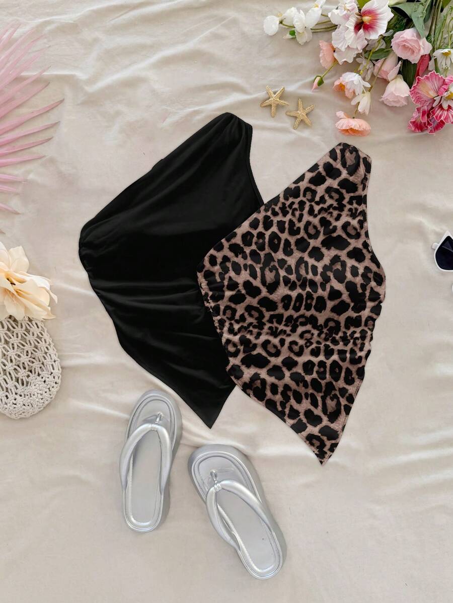 Soleia Set de 2 tops cortos con cuello asimétrico y bajo asimétrico con estampado de leopardo, adecuado para vacaciones/estilo de resort - Multicolor - Ver 1