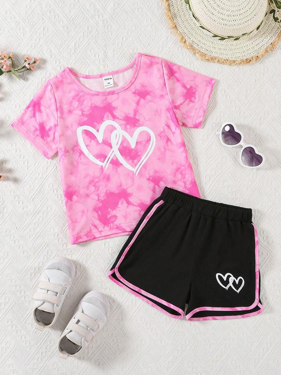 SHEIN Young Girl Casual Tie-Dye Heart Printed Short Sleeve Top And Shorts 2 Pieces Set, Summer Young Girls Clothes Young Girl Summer Clothes Young Girl Vacation Clothes - Hot Pink - View 1
