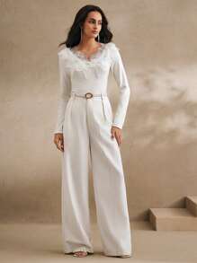 Anewsta Elegante maglietta romantica decorata con perle, pizzo e fiori 3D, adatta per grafiche autunnali/invernali, per donna