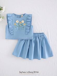 Cozy Pixies 2Pcs Baby Girl Floral Print Round Neck Ruffle Hem Top And Elastic Waist Shorts Set - Blue - View 3