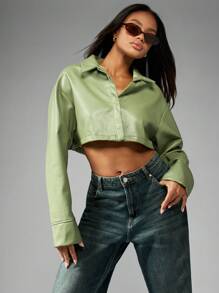 MISSGUIDED Luxury Pu Leather Cropped Collar Shirt Long Sleeve Button-Up Fall Winter Statement Piece Designer Crop Top Modern Fashion Essential Christmas - Green - View 1
