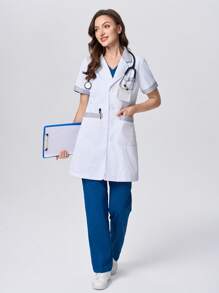 Scrubzie Color Block Collar, Cuff, Pocket Trim Short Sleeve Long Women's Lab Coat/Smock - White - View 6