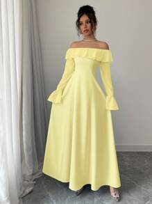 Elenzga 女士时尚新款露肩长裙 - 黃色 - 查看 3