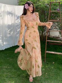 DAZY Damen langes Blumenkleid, Frühlings-/Herbstkleid mit Langarm