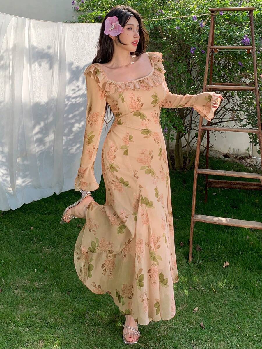 DAZY Damen langes Blumenkleid, Frühlings-/Herbstkleid mit Langarm