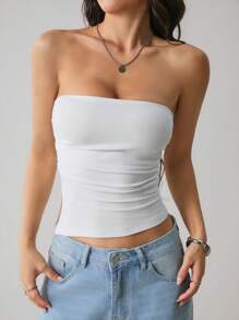 SHEIN PETITE Women's Summer Solid Color Ruched Bustier Top, Fitted With Side Slit Tube Top - White - View 4