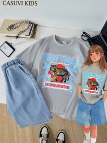 SHEIN 2 件套女童动物印花短袖 T 恤和休闲牛仔七分裤夏季服装 - 灰色 - 查看 10