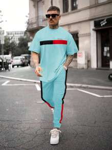 Manfinity Homme 2pcs/Set Men Contrast Letter Print Round Neck T-Shirt And Pocket Casual Pants Men Two Pieces Sets Men T Shirt Co Ords Men Clothing Men T Shirt Co Ords Men T Shirt Co Ords - Blue - View 1