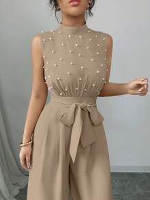 Elenzga Pearl Beaded Sleeveless Cinched Waist Khaki Jumpsuit,Elegant,Summer,Party,Women's Stacked Neck Wide Leg Jumpsuit For Wedding Evening Gowns - Khaki - View 3