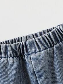 SHEIN Playful Pals Conjunto de 2 piezas para niña bebé, con top halter con estampado de cerezas y pantalones cortos de jean, adecuado para primavera y verano