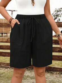 EMERY ROSE Plus Size Women Solid Color Tie-Waist Pockets Casual Shorts