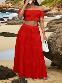 Slaydiva Women White 1-Shoulder Ruffle Trim Top & Tie-Waist Ruffle Hem Maxi Skirt Vacation Outfit, Sweet & Cute For Date & Beach Island Vacation Outfits